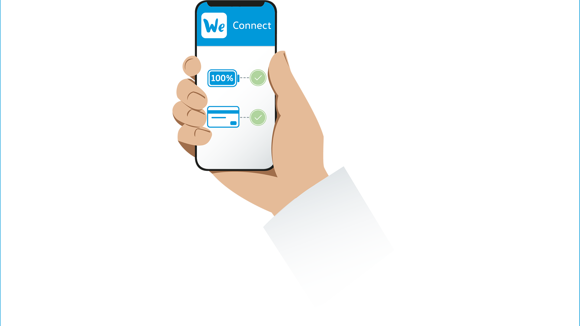 Animovaná ruka držiaca mobilný telefón s aplikáciou "We Connect". Displej ukazuje stav nabitia batérií vozidla, znázornený na 100%. na bielom pozadí.