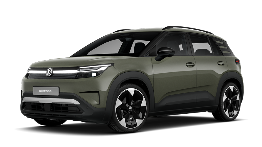 Olivovo zelený ID. Cross s logom VW a futuristickým LED svetelným pásom vpredu, pohľad šikmo  zboku. Čierne doplnky a veľké dvojfarebné disky zvýrazňujú športový charakter. Na bielom pozadí.