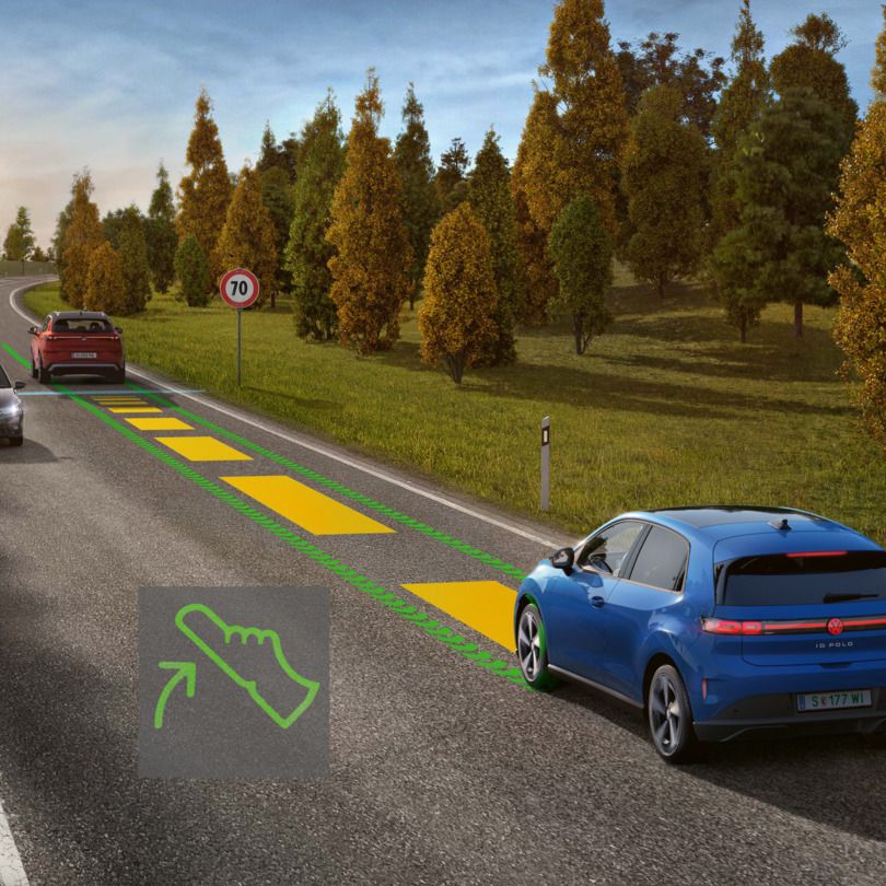 Ilustrácia schematicky znázorňuje fungovanie systému Eco Assist na príklade modrého modelu VW ID. Polo