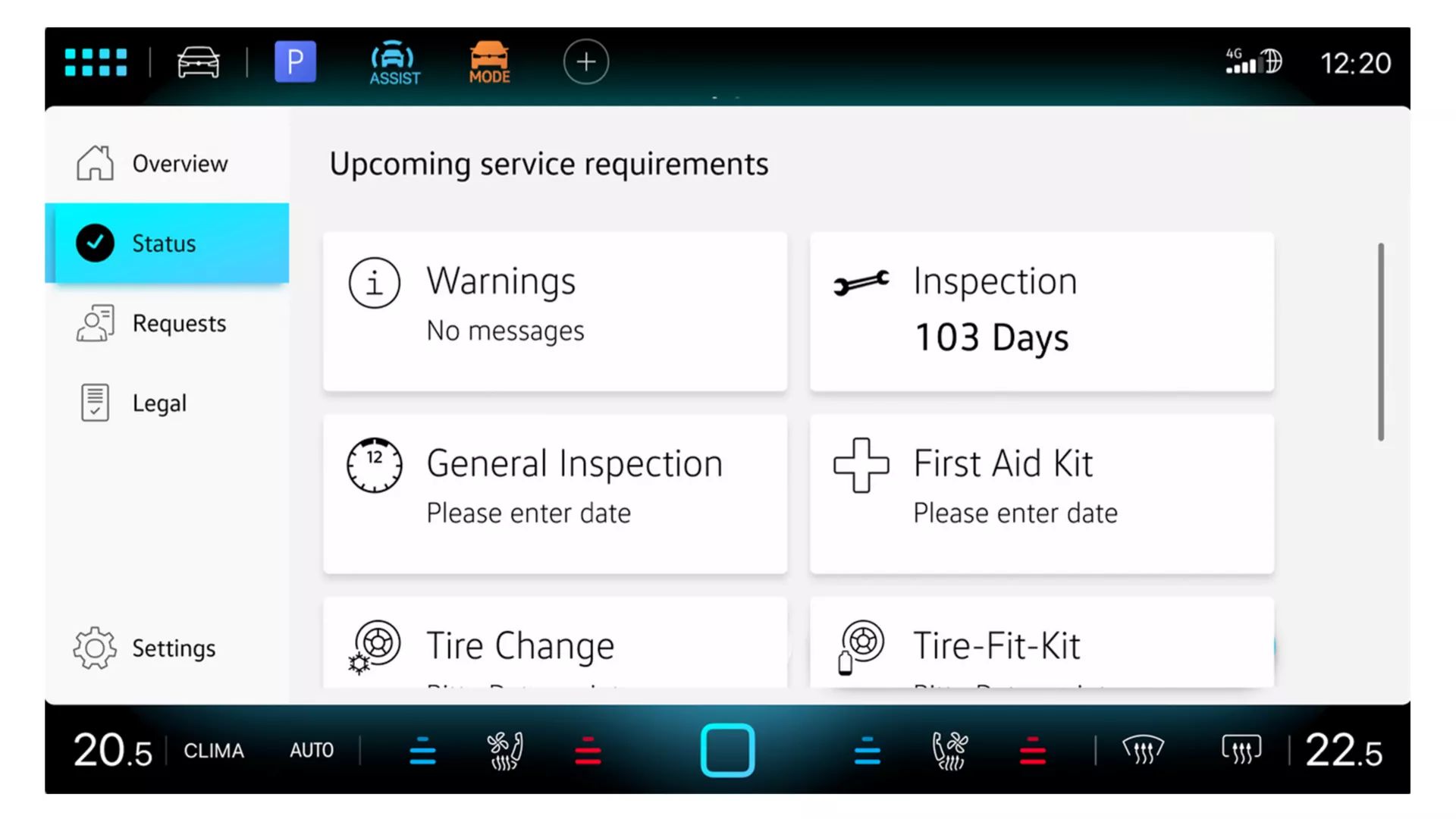 Displej zobrazuje prehľad stavu vozidla v In-Car App Servis vozidla