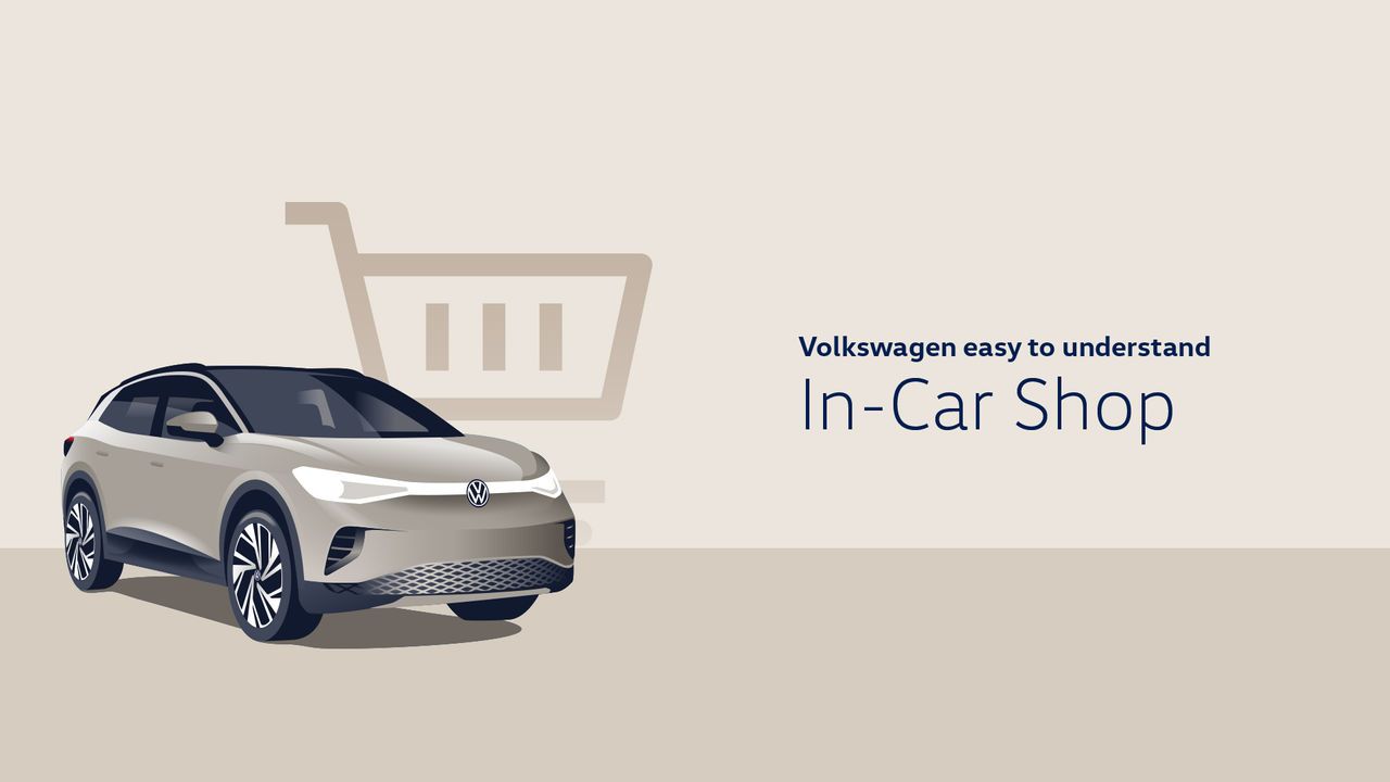 Ilustrácia svetlohnedého SUV značky Volkswagen pred ikonou nákupného košíka. Vedľa je text: „Volkswagen easy to understand In-Car Shop“.