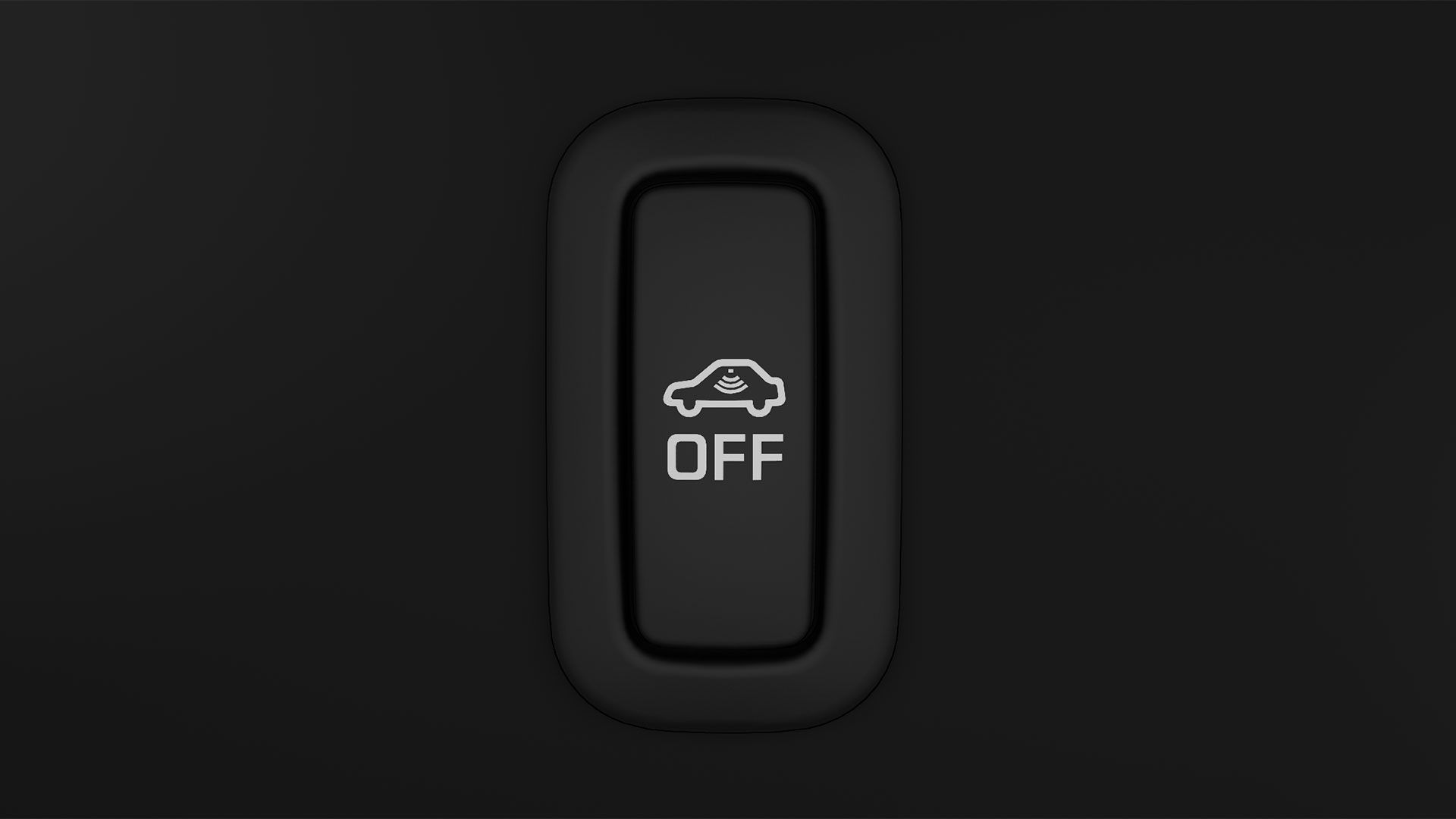 Obrázok zobrazuje tlačidlo alarmu s ikonou auta a nápisom "OFF". Tlačidlo je čierne a nachádza sa na rovnako čiernom pozadí. Indikuje vypnutie alarmu v automobile.