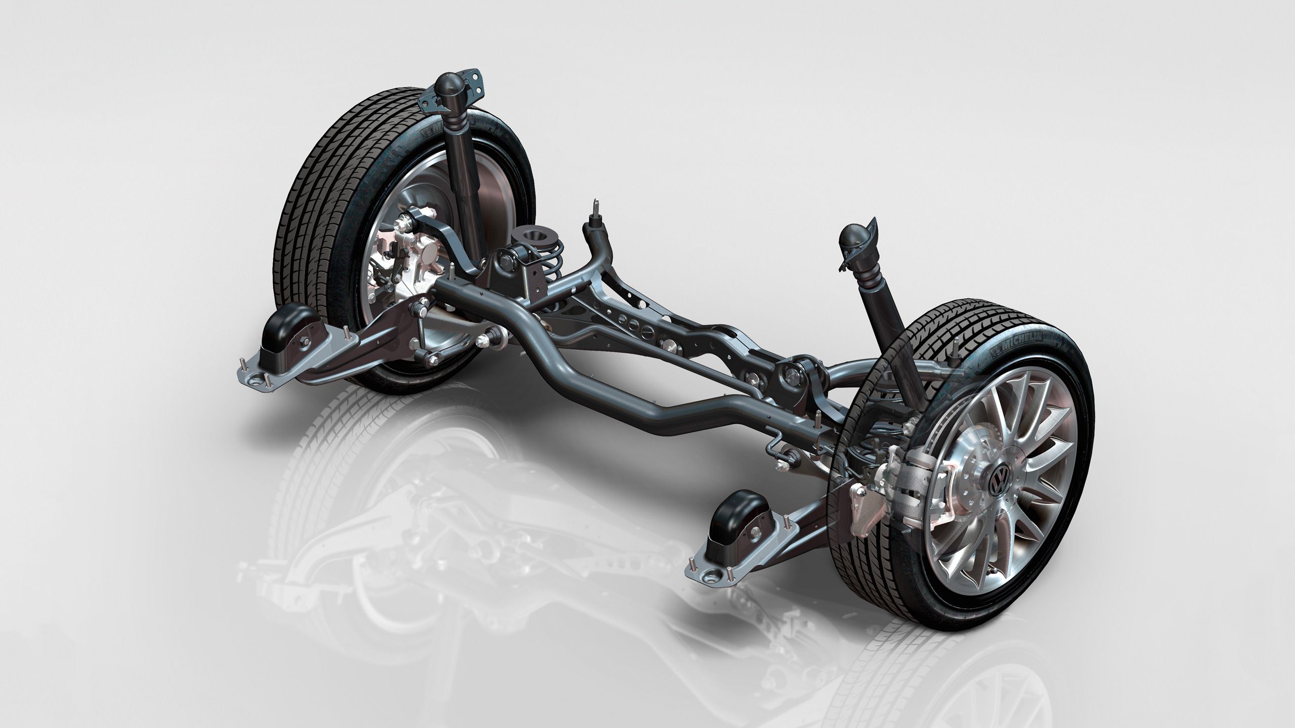 Podvozok automobilu zobrazuje komplexný systém mechanických častí nápravy so šikmým zavesením kolies. Mechanické prepojenie a rám sú detailne viditeľné. Na podvozku sú tiež zreteľné detaily odpruženia a brzdného systému.