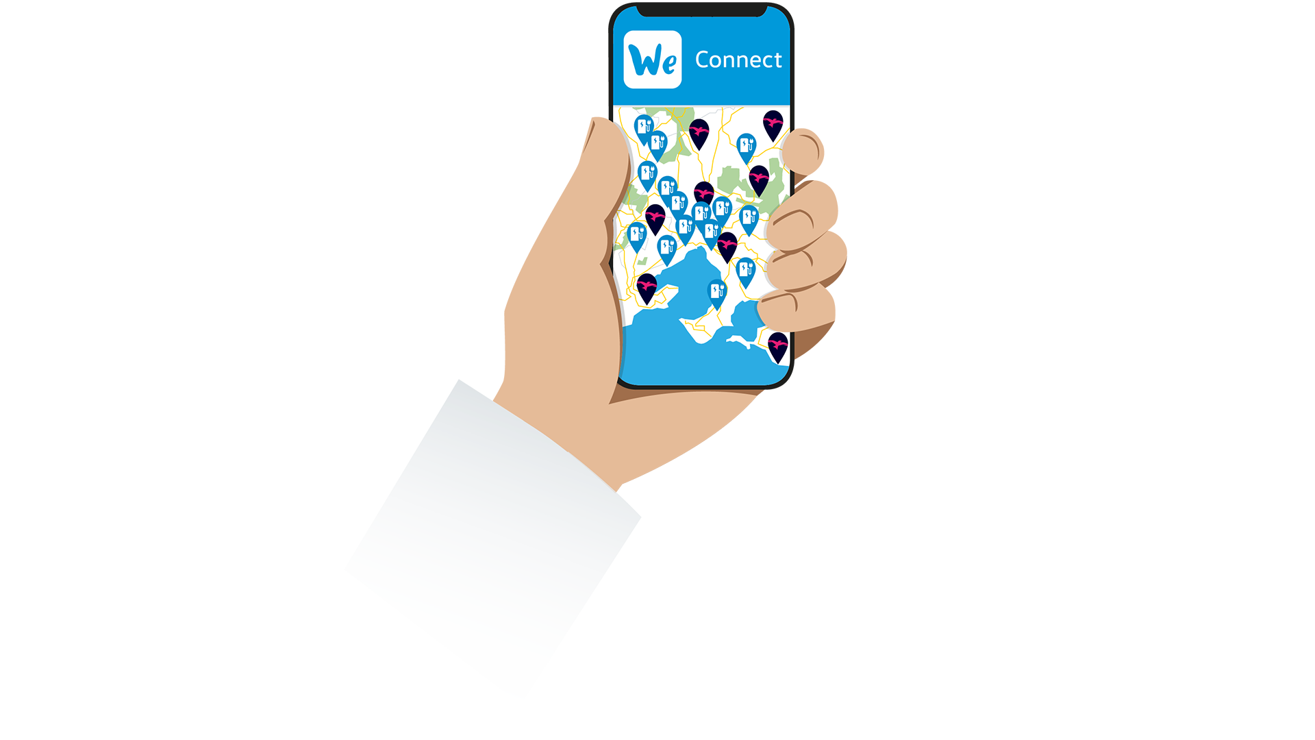 Ilustrácia ruky držiacej mobilný telefón s aplikáciou We Connect, ktorá zobrazuje mapu. Na mape sú vyznačené spoty na nabíjanie elektrických vozidiel.