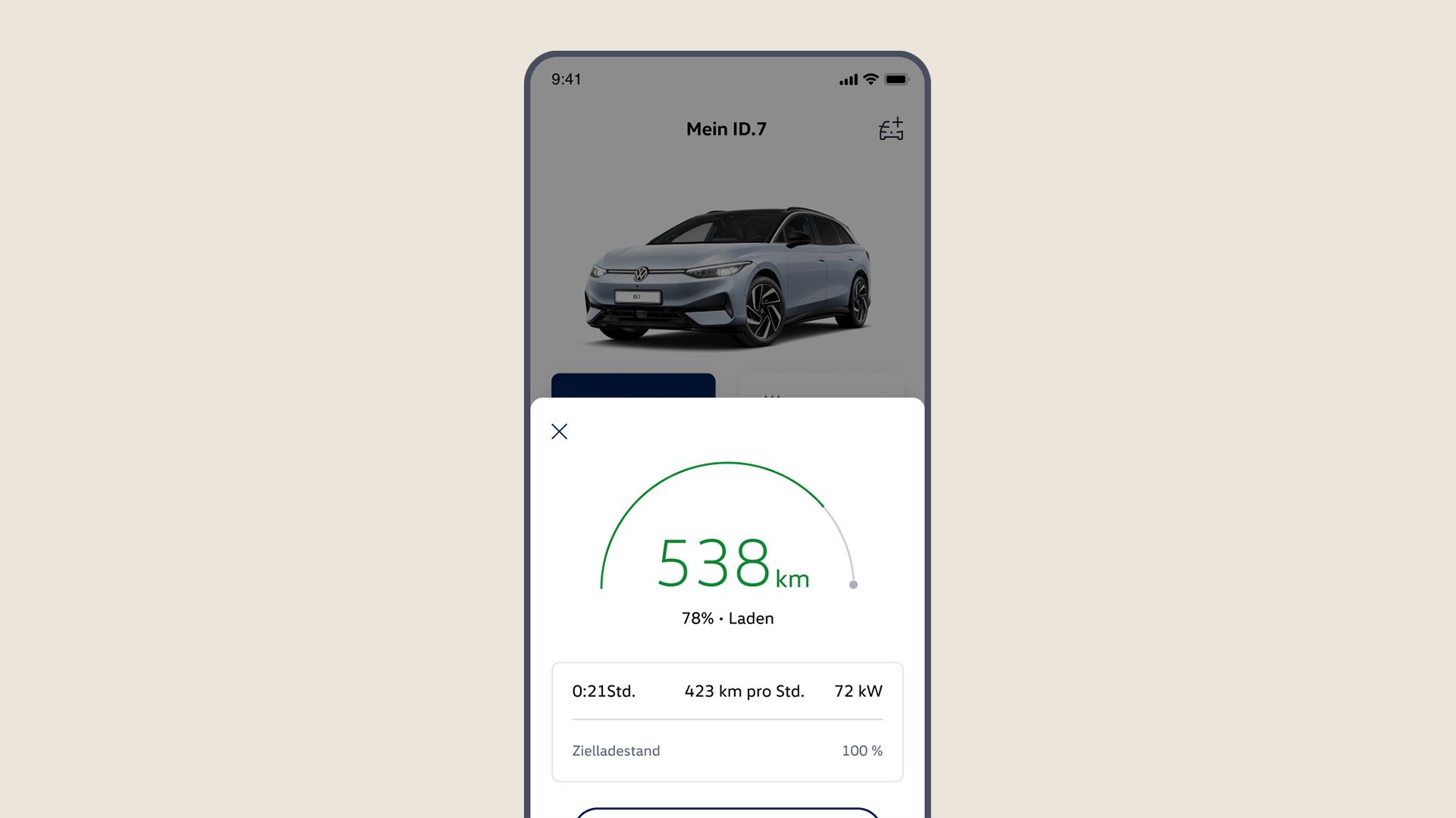 Zobrazenie v aplikácii Volkswagen s informáciami o dojazde, priebehu nabíjania a cieľovom stave nabitia.