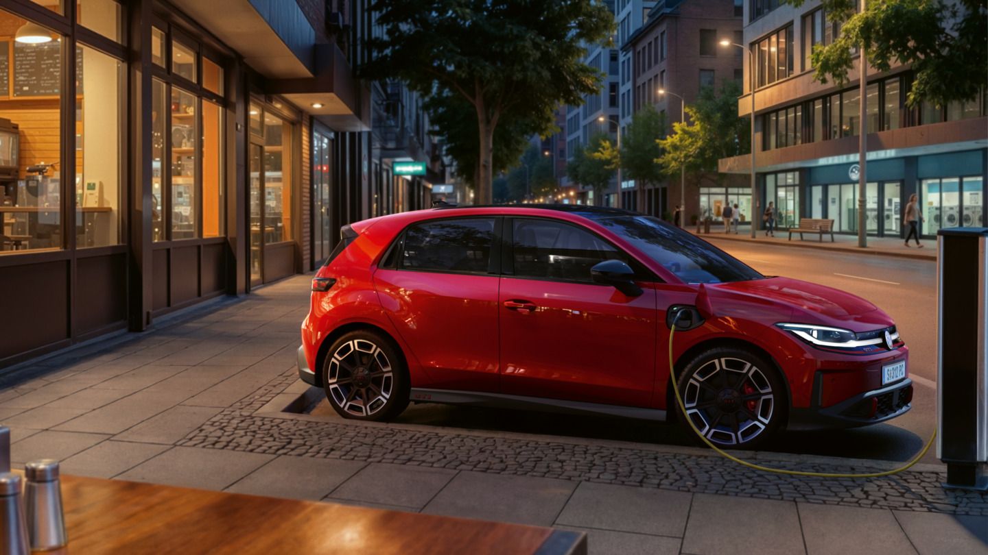 Červený VW ID. Polo GTI stojí večer pri verejnej nabíjacej stanici AC v obchodnej štvrti.