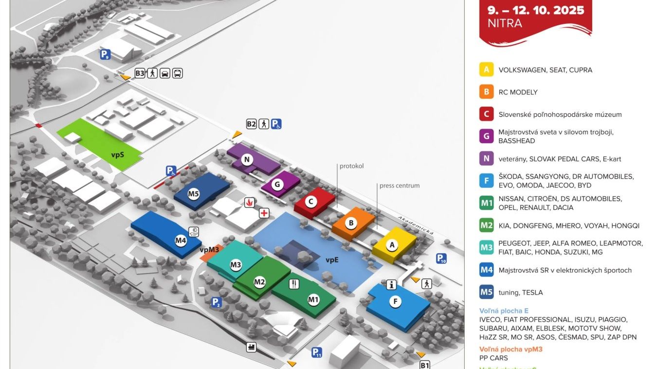 Mapa výstavy Autosalón Autoshow Nitra, konajúci sa od 9. do 12. októbra 2025. Mapa zobrazuje rozloženie areálu s farebne označenými oblasťami pre jednotlivé automobilky a sektory. Na mape sú tiež označené hlavné trasy, vstupy, parkovisko a služby pre návštevníkov.