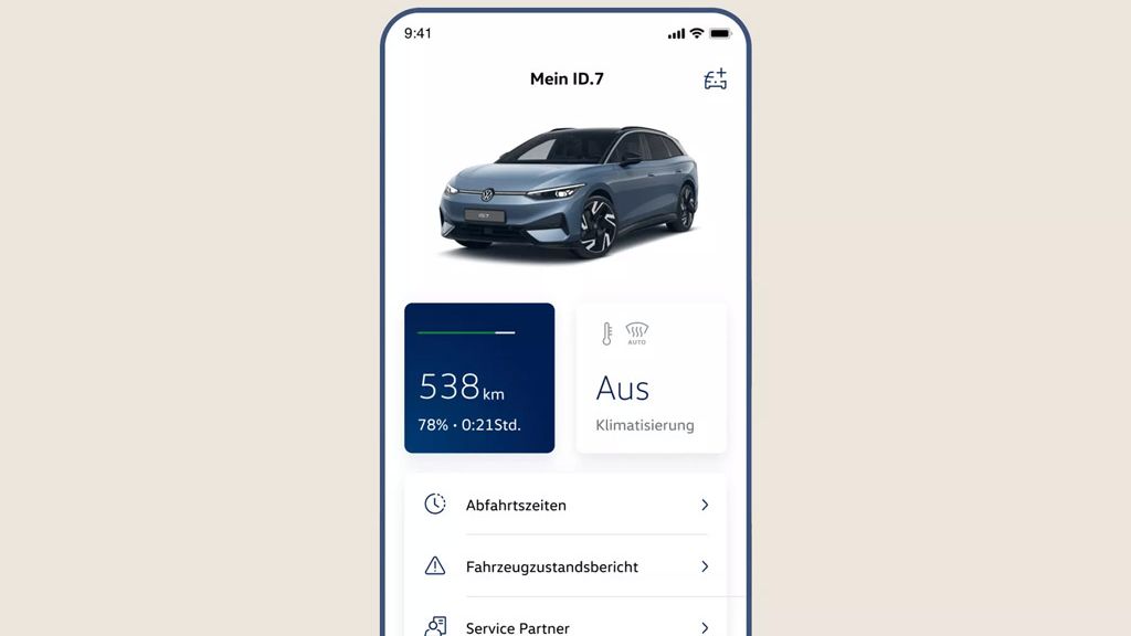 Snímka obrazovky smartfónu s aplikáciou VW, na ktorej je zobrazený modrý VW ID.7 z čelného uhla. Pod ním sa zobrazuje dojazd (538 km, 78 %) a klimatizácia (stav: vypnutá). V zozname pod tým sú viditeľné ďalšie položky menu, ako napríklad časy odchodu, správa o stave vozidla a servisní partneri.