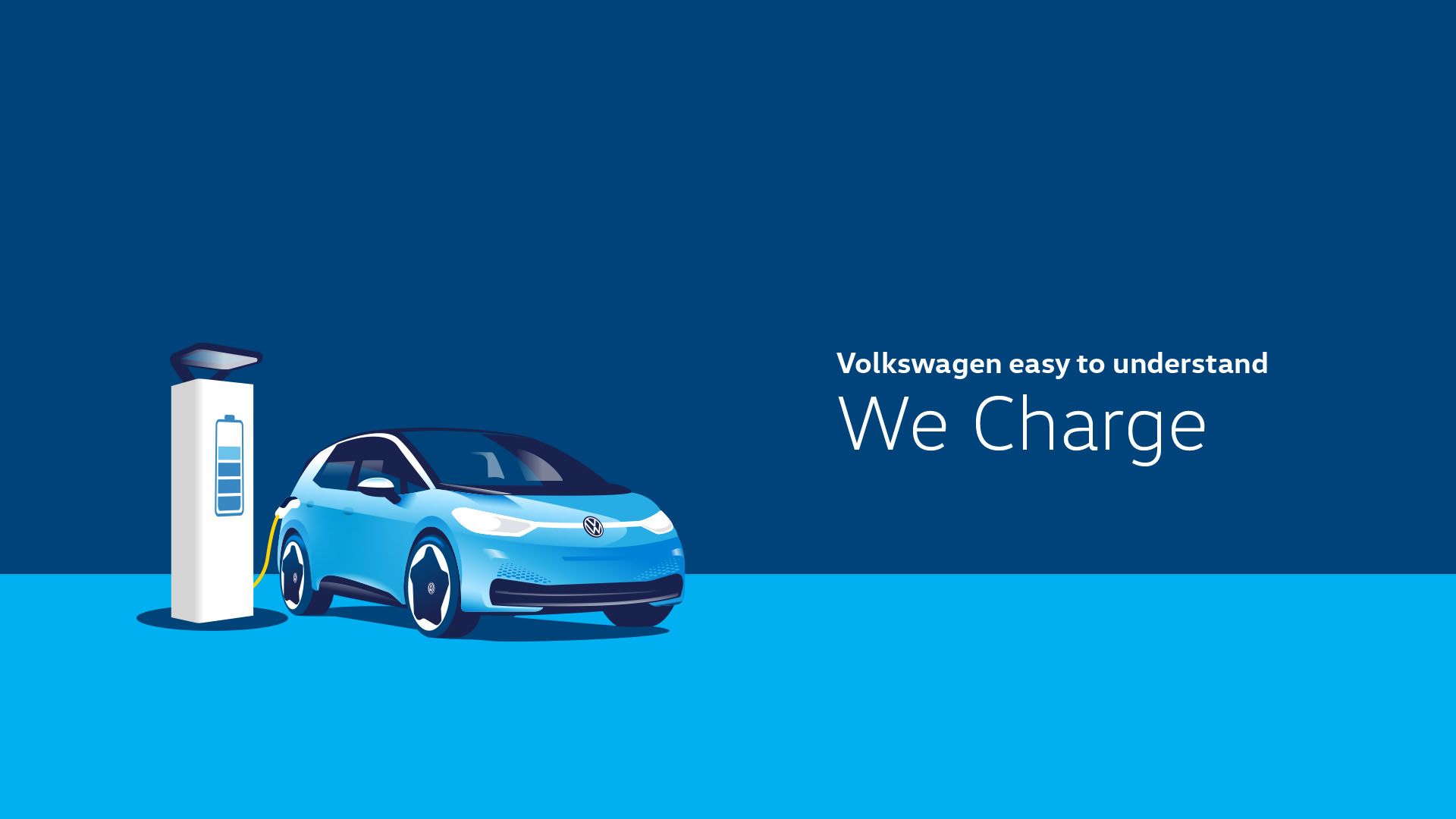 Ilustrácia zobrazuje elektrické auto značky Volkswagen, ktoré sa nabíja pri nabíjacej stanici. Na pravej strane obrázku je nápis "Volkswagen easy to understand - We Charge".