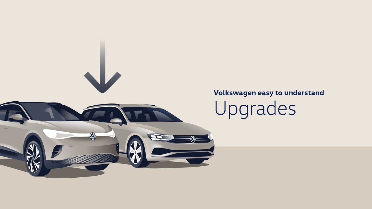 Dve autá značky Volkswagen na svetlom pozadí, text "Volkswagen easy to understand Upgrades" na pravej strane obrázku.