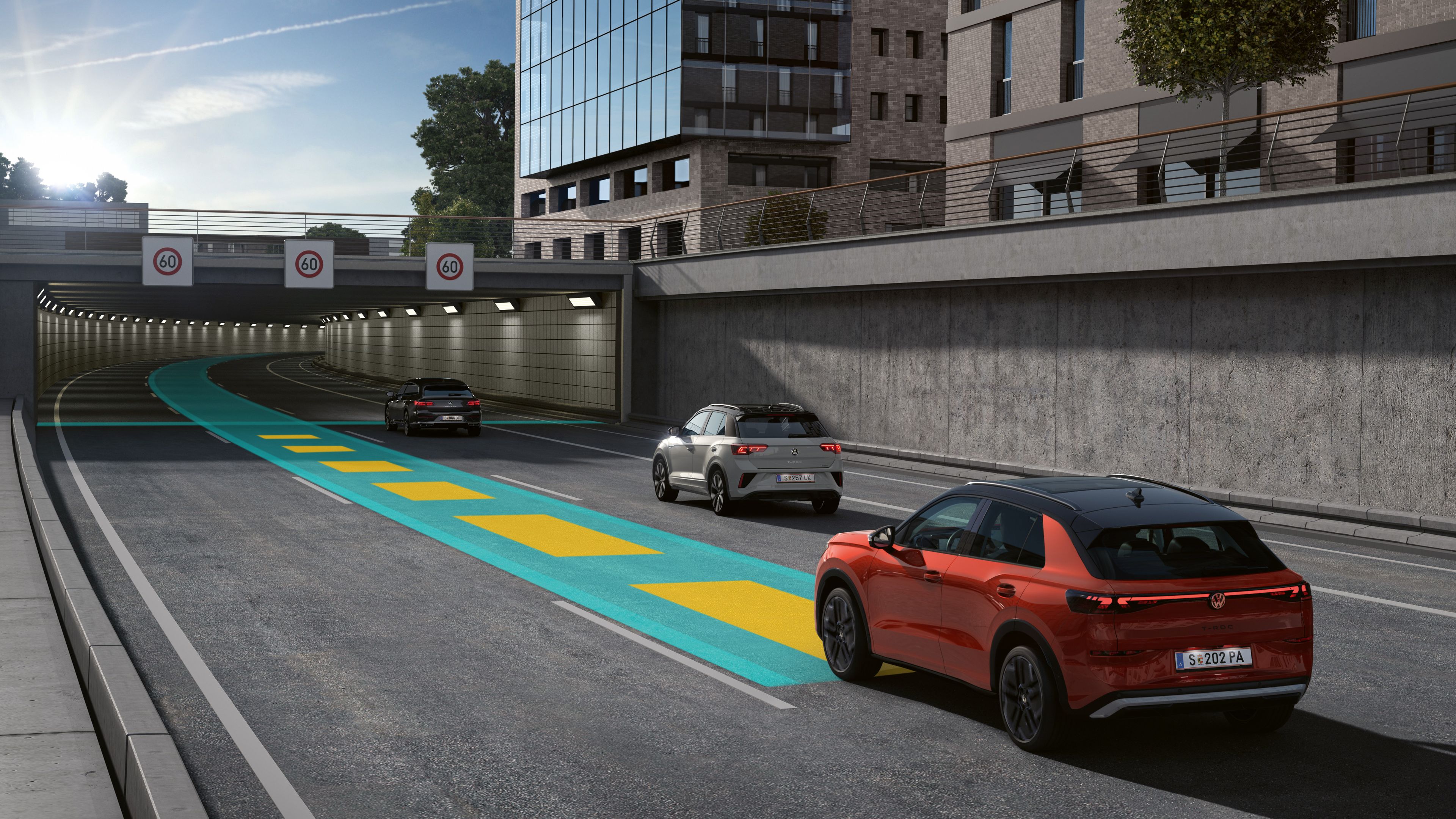 Ilustrácia schematicky znázorňuje fungovanie systému Travel Assist na príklade vozidla VW T-Roc.