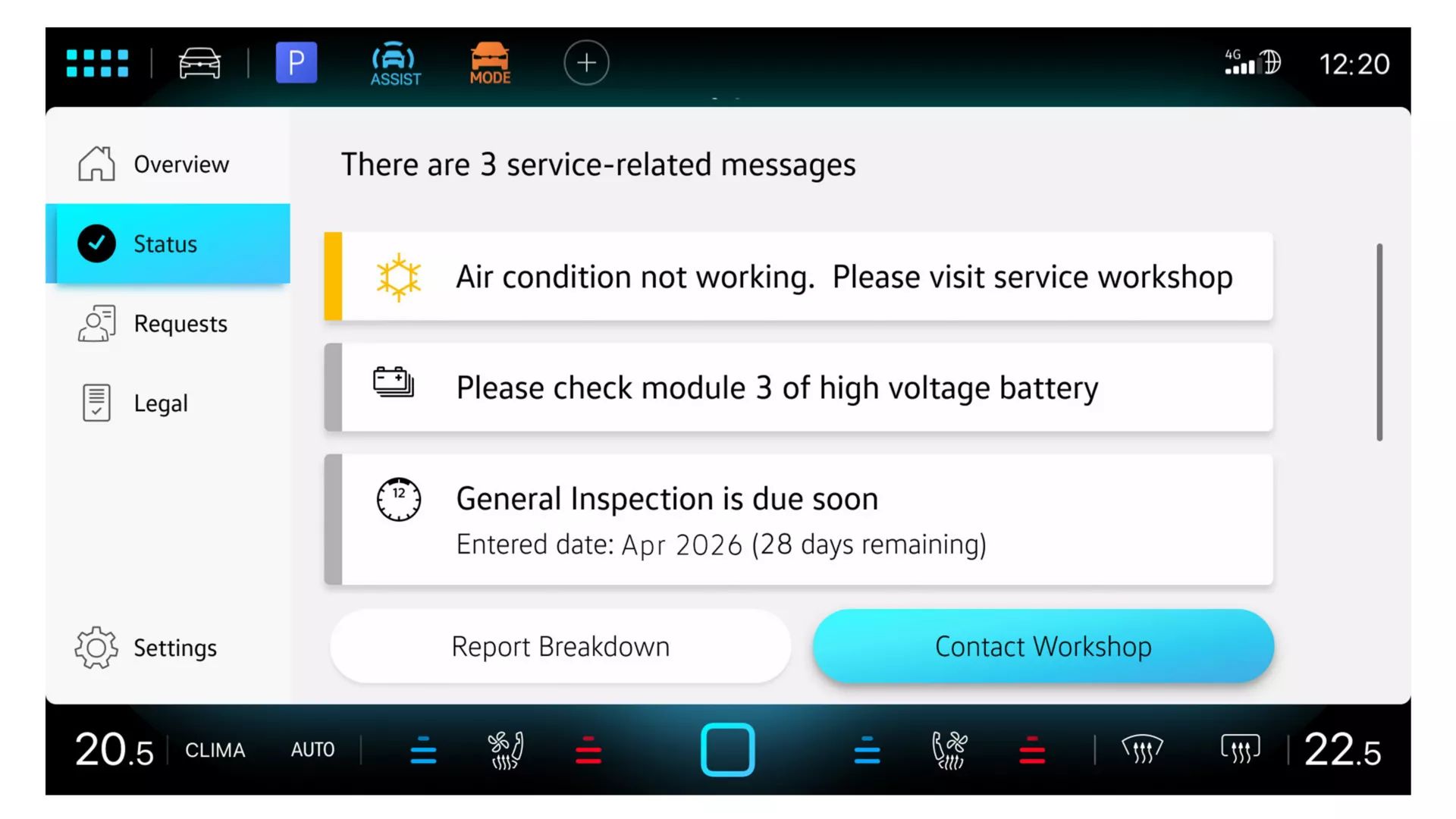 Displej zobrazuje In-Car App Servis vozidla s hláseniami o stave vozidla