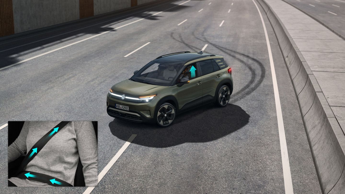 Ilustrácia schematicky znázorňuje fungovanie proaktívneho systému ochrany cestujúcich na príklade modelu VW ID. Cross .