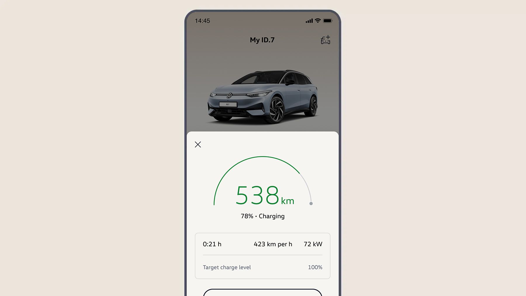Zobrazenie v aplikácii Volkswagen s informáciami o dojazde, priebehu nabíjania a cieľovom stave nabitia.