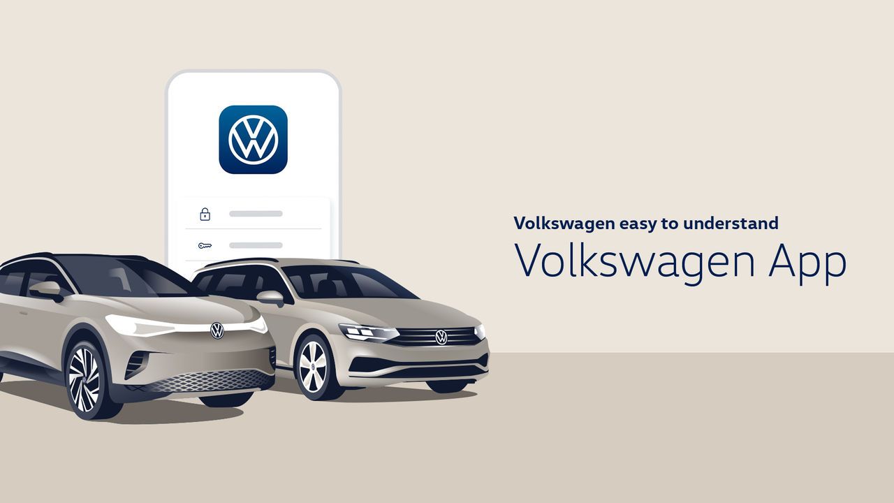 Ilustrácia aplikácie Volkswagen za dvoma automobilmi Volkswagen. Automobily sú umiestnené vľavo, zatiaľ čo telefón s ikonou loga Volkswagen a textom sú vpravo. Text znie "Volkswagen easy to understand Volkswagen App".