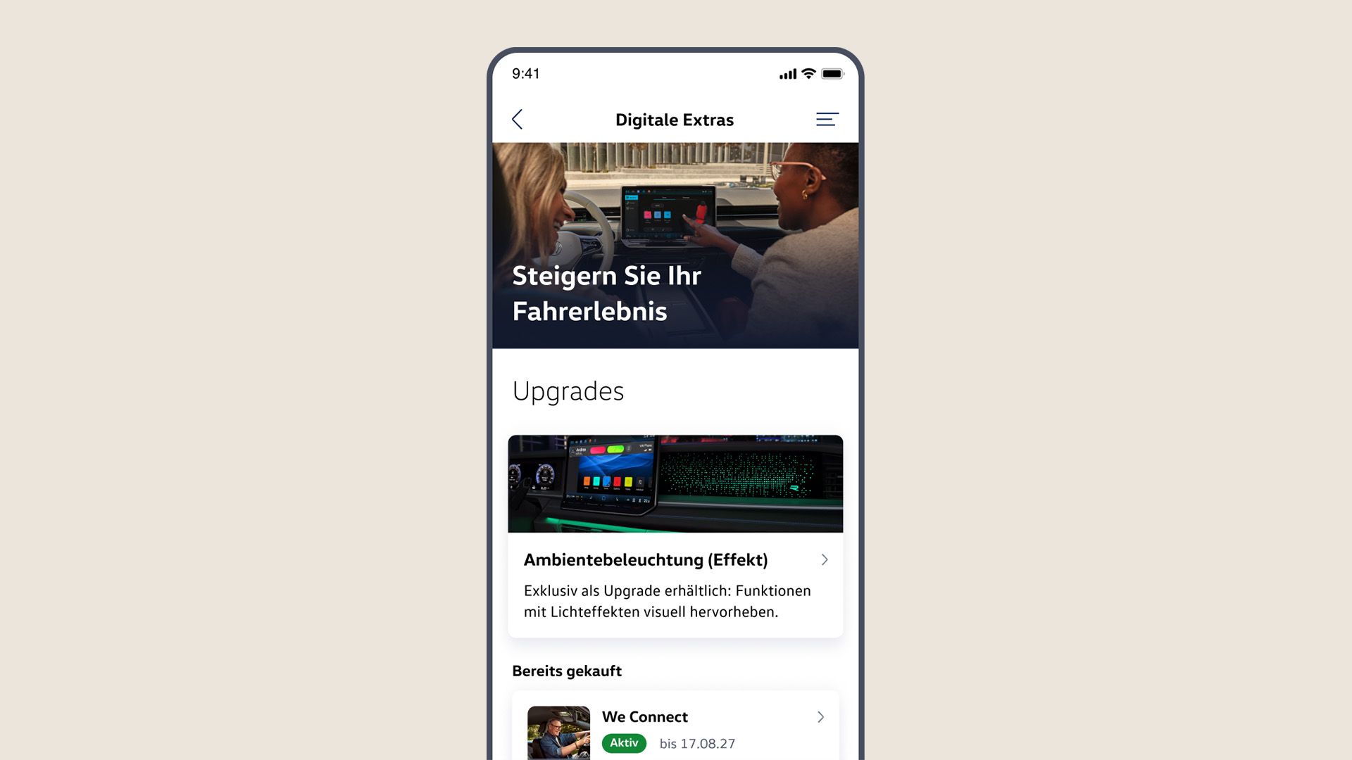 Zobrazenie „Digitálne doplnky“ v aplikácii Volkswagen s prehľadom dostupných aktualizácií.