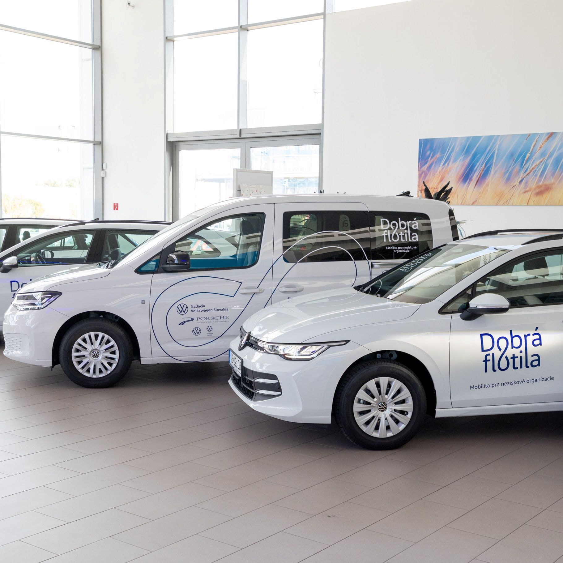 Niekoľko bielych áut zaparkovaných vedľa seba v showroome. Každé z áut má na boku nápis "Dobrá flotila." V pozadí je veľká sklenená fasáda a farebný obraz na stene.