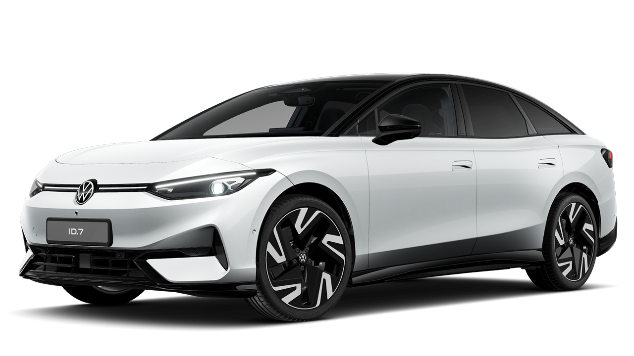 Pohľad šikmo zboku na predné partie bieleho VW ID.7