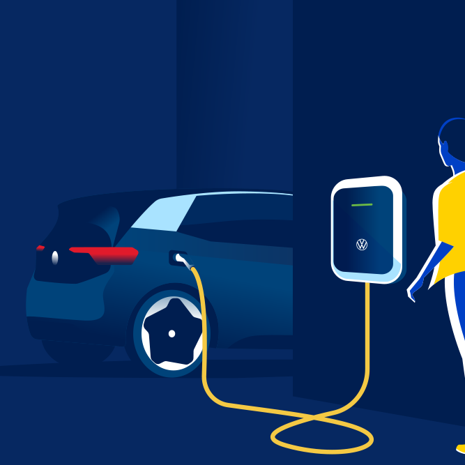 Ilustrácia nabíjacej stanice wallbox, na ktorej sa nabíja VW ID. Pri nabíjacej stanici stoji žena. Pozadie je modré.