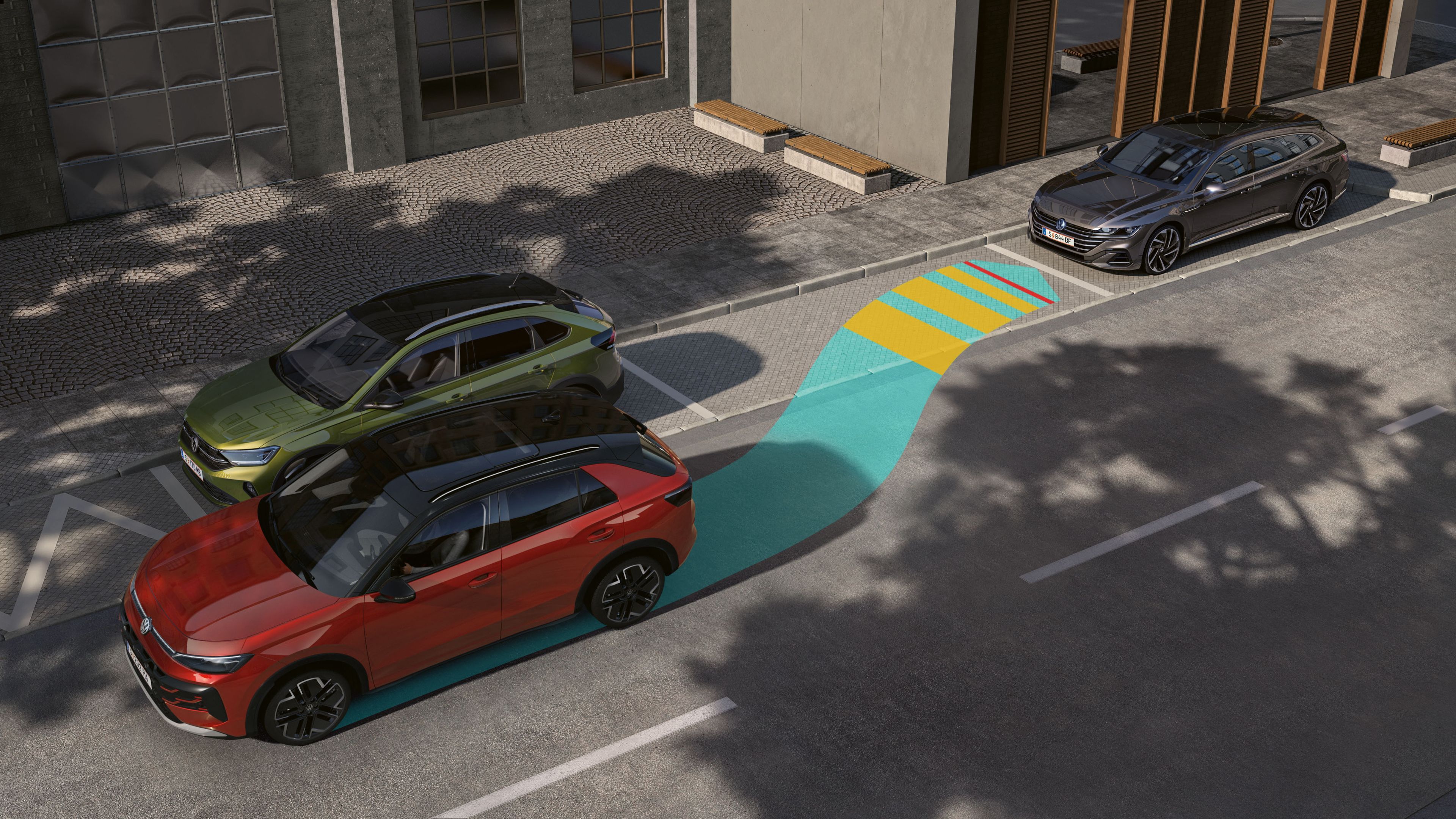 Grafika zobrazuje vozidlo VW T-Roc, ktoré pomocou systému Park Assist Plus cúva do bočného parkovacieho miesta.