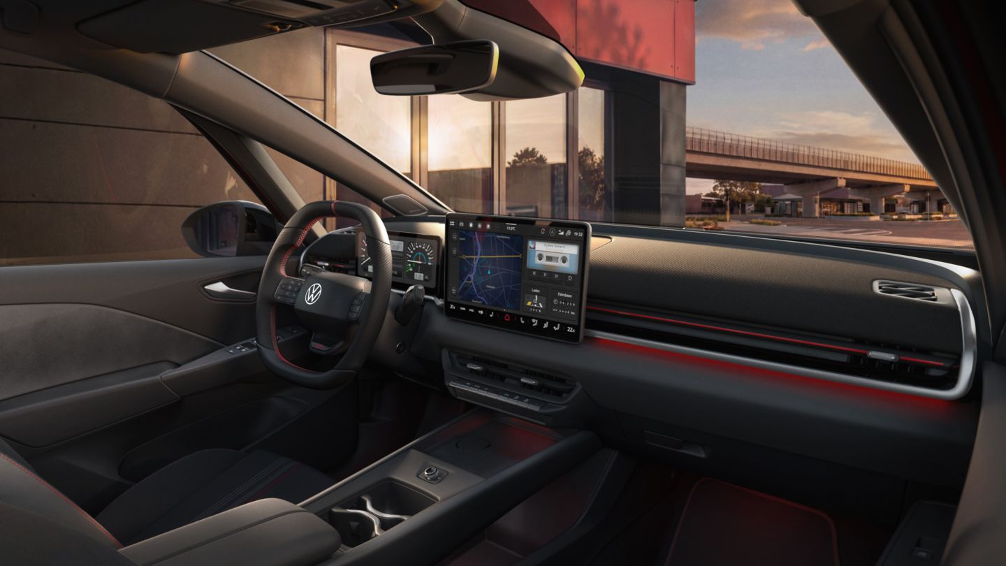 [AI-modified] – Pohľad na systém infotainment a dekór VW ID.3 GTI krátko pred západom slnka