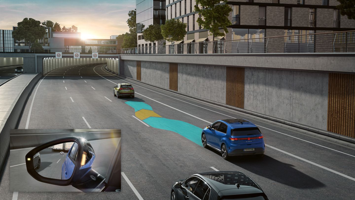 Ilustrácia schematicky znázorňuje fungovanie systému Side Assist na príklade modelu VW ID.Polo.