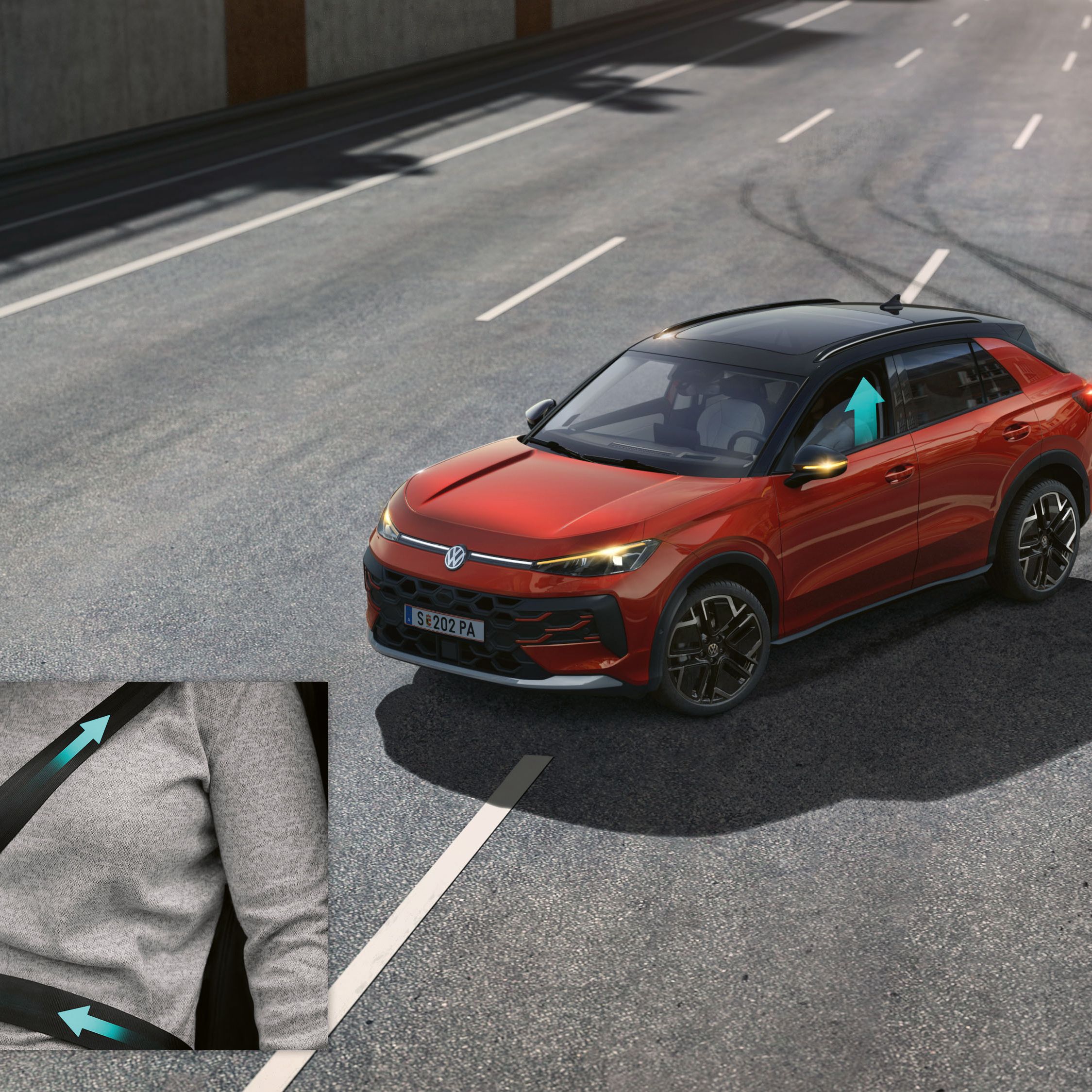 Ilustrácia schematicky znázorňuje fungovanie proaktívneho systému ochrany cestujúcich na príklade vozidla VW T-Roc.