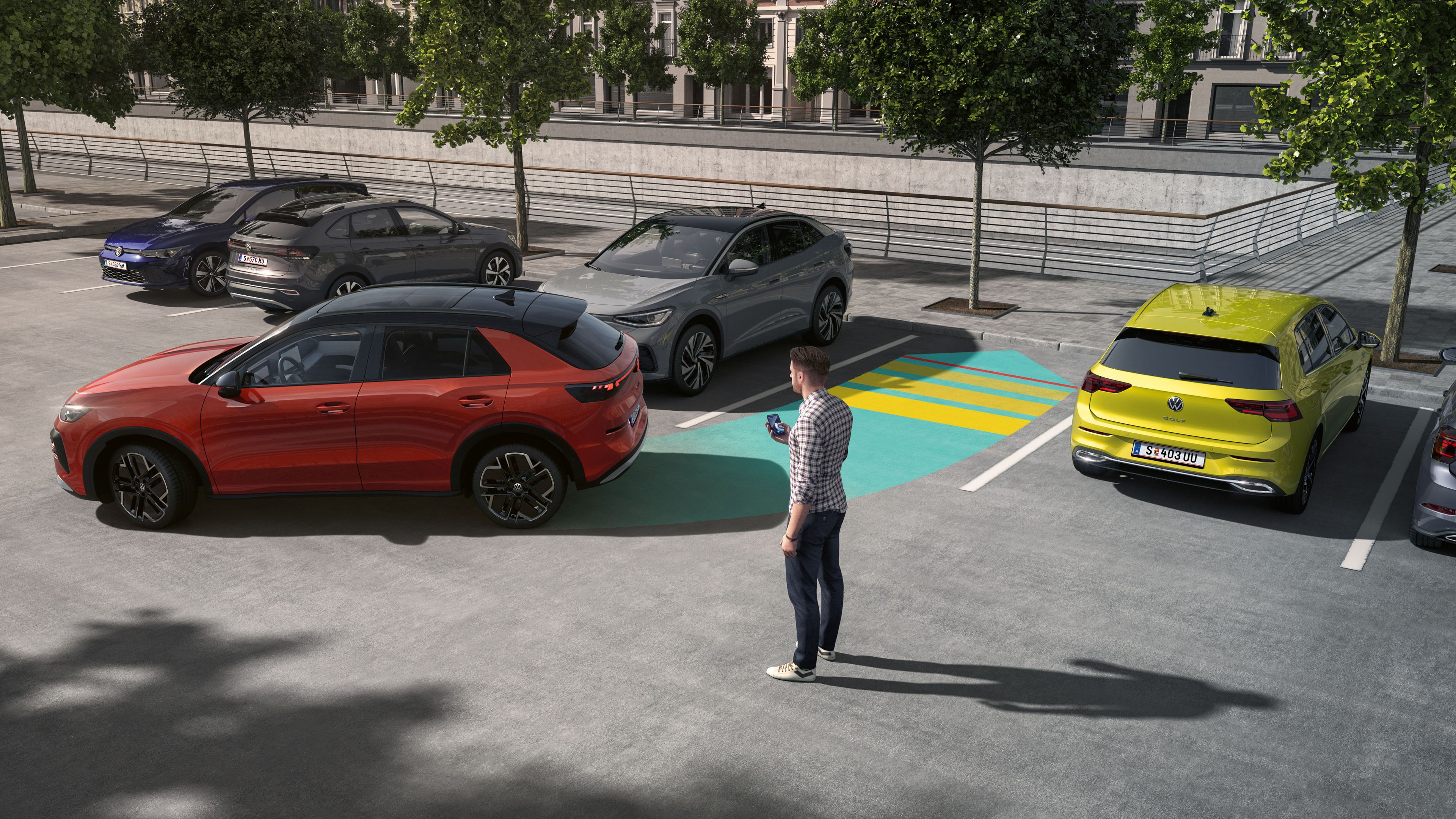 Ilustrácia schematicky znázorňuje fungovanie systému Park Assist Pro na príklade vozidla VW T-Roc.