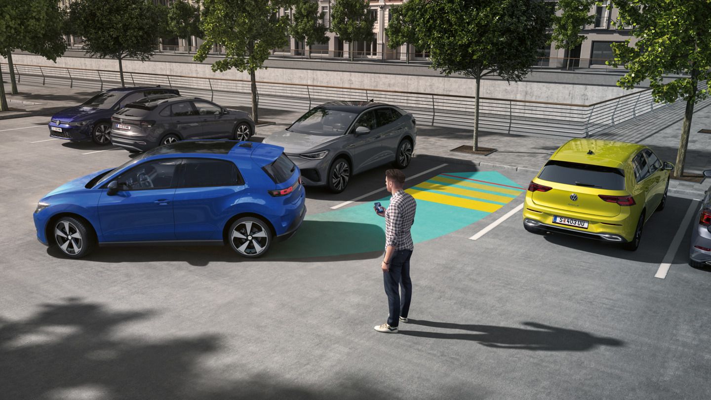 Ilustrácia schematicky znázorňuje fungovanie systému Park Assist Pro na príklade modelu VW ID. Polo.