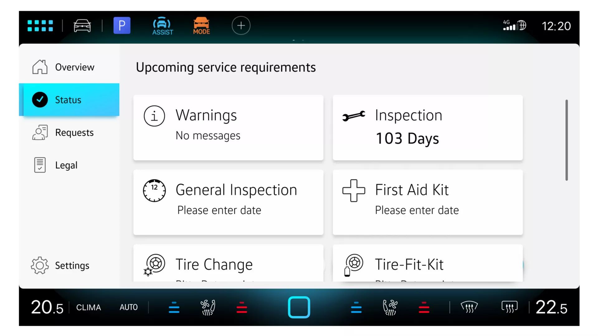 Displej systému Infotainment s prehľadom servisných prehliadok v In-Car App Servis vozidla