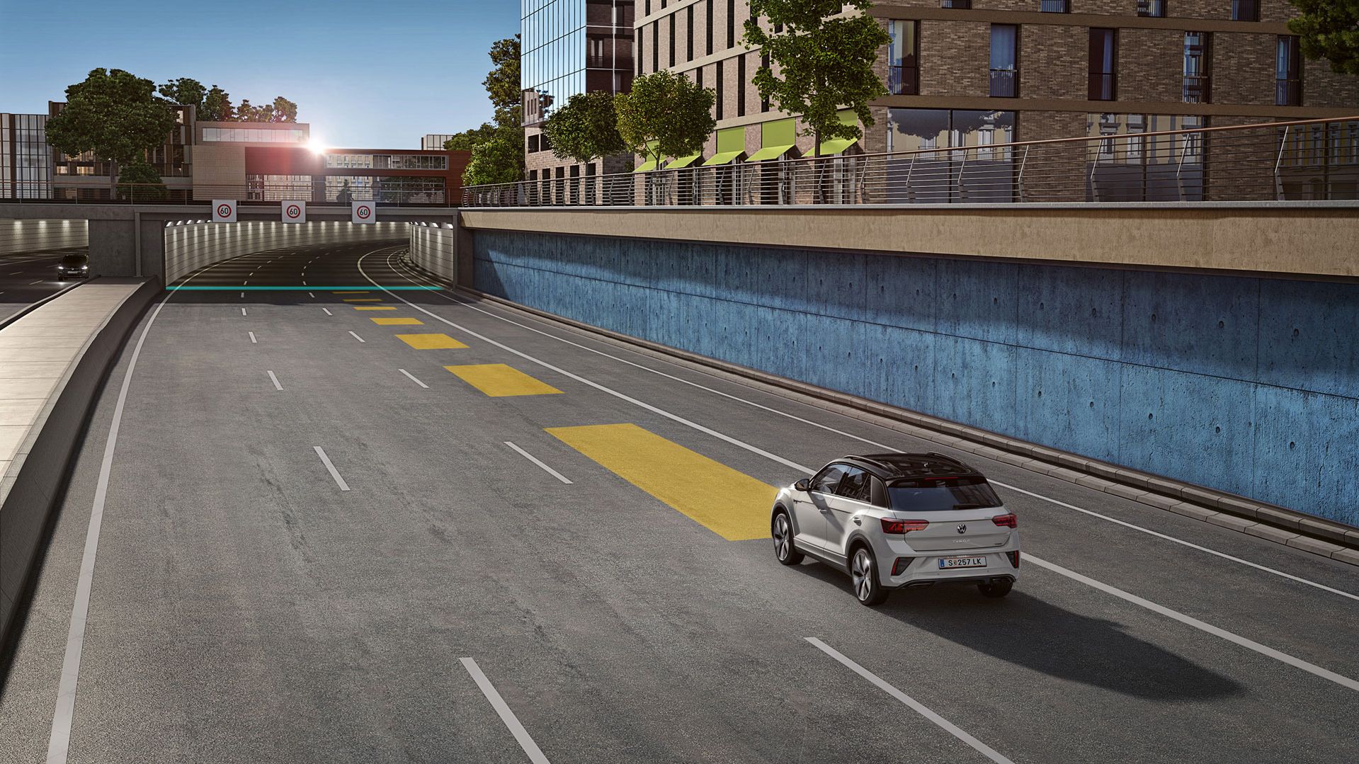 Grafische Darstellung der automatischen Distanzregelung ACC am VW T-Roc