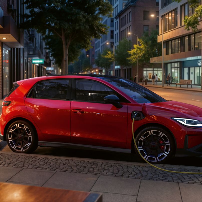Červený VW ID. Polo GTI stojí večer pri verejnej nabíjacej stanici AC v obchodnej štvrti.
