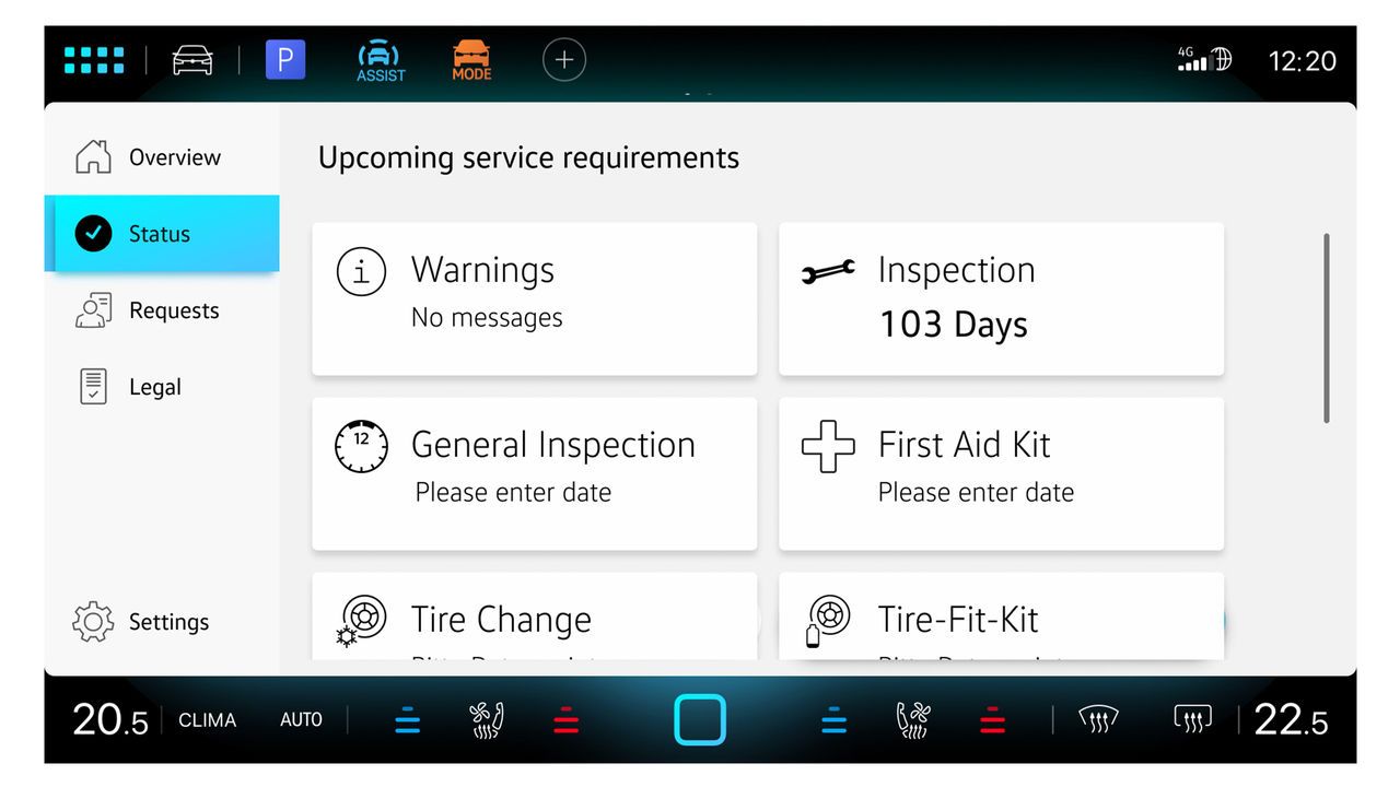 Obrazovka systému infotainment s prehľadom služieb v In-Car app „Servis vozidiel“