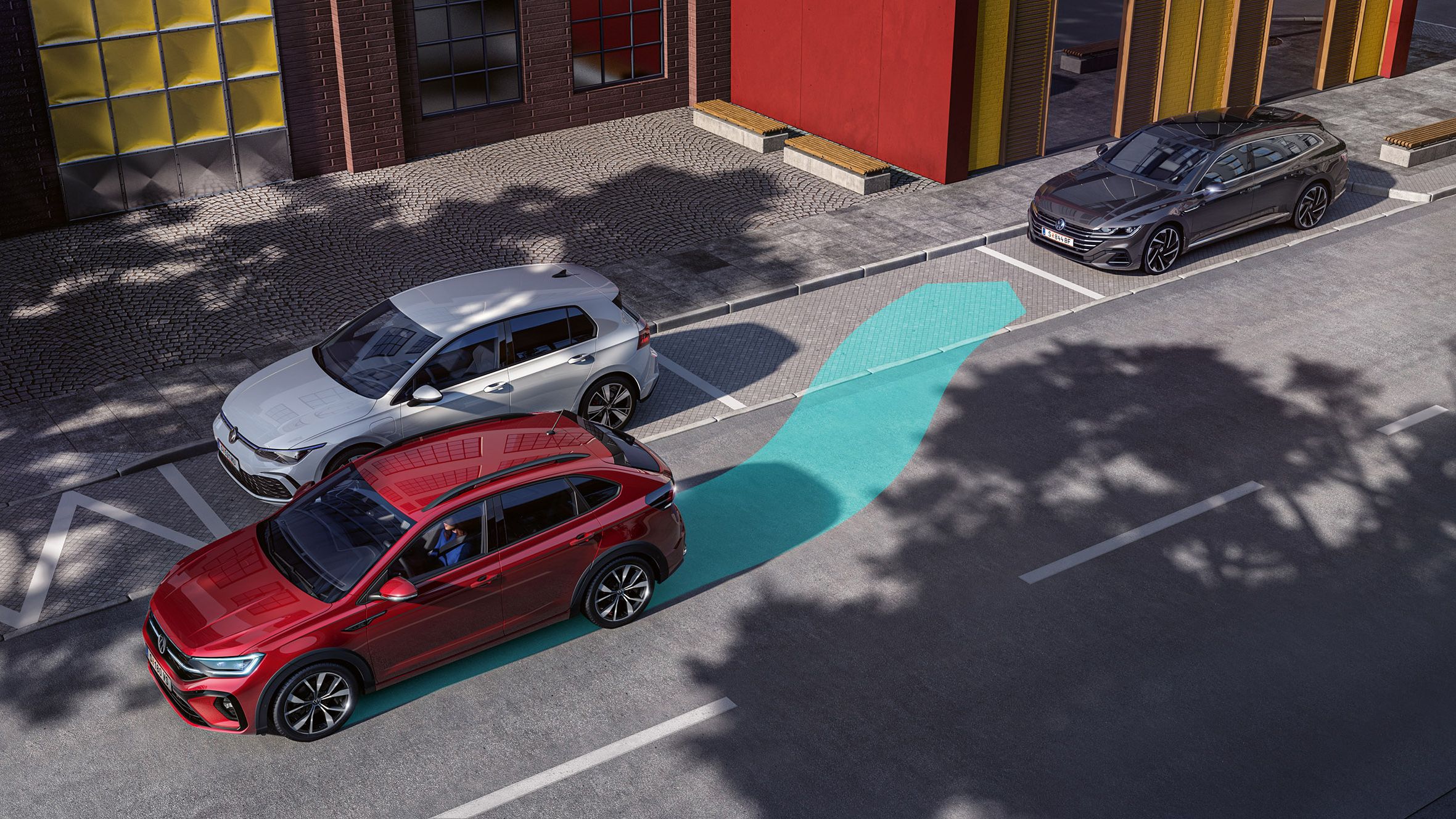 Grafik zeigt den Park Assist beim VW Taigo