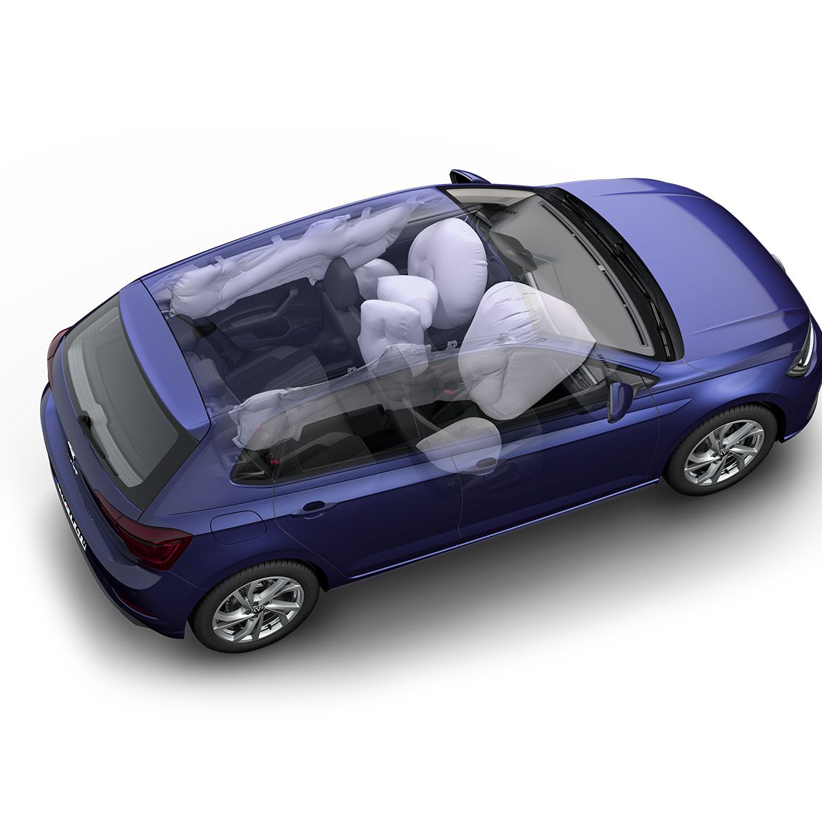 Na obrázku vidieť modré VW Polo s priehľadnou strechou a aktivovanými airbagmi.
