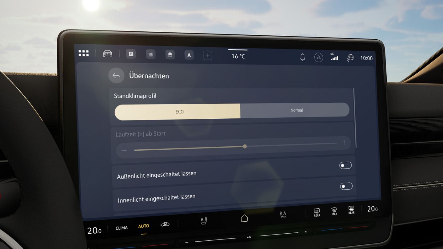 Na obrázku je zobrazený systém infotainment modelu ID. a režim „Prenocovanie“.