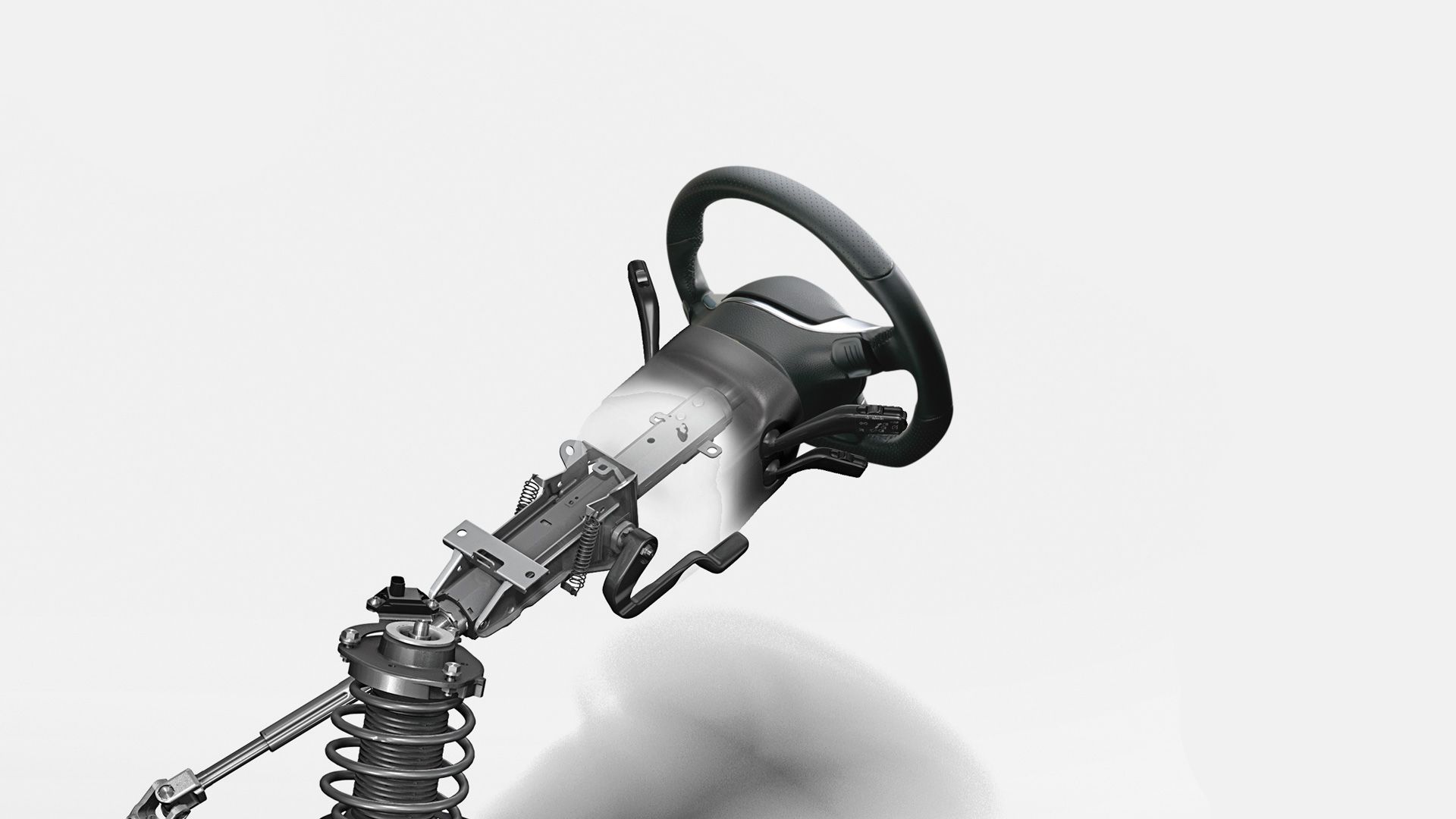 Volant automobilu so systémom riadenia, viditeľné časti sú pružiny, hriadeľ a elektronické komponenty. Na volante sú namontované rôzne páčky a tlačidlá. Pozadie je biele.