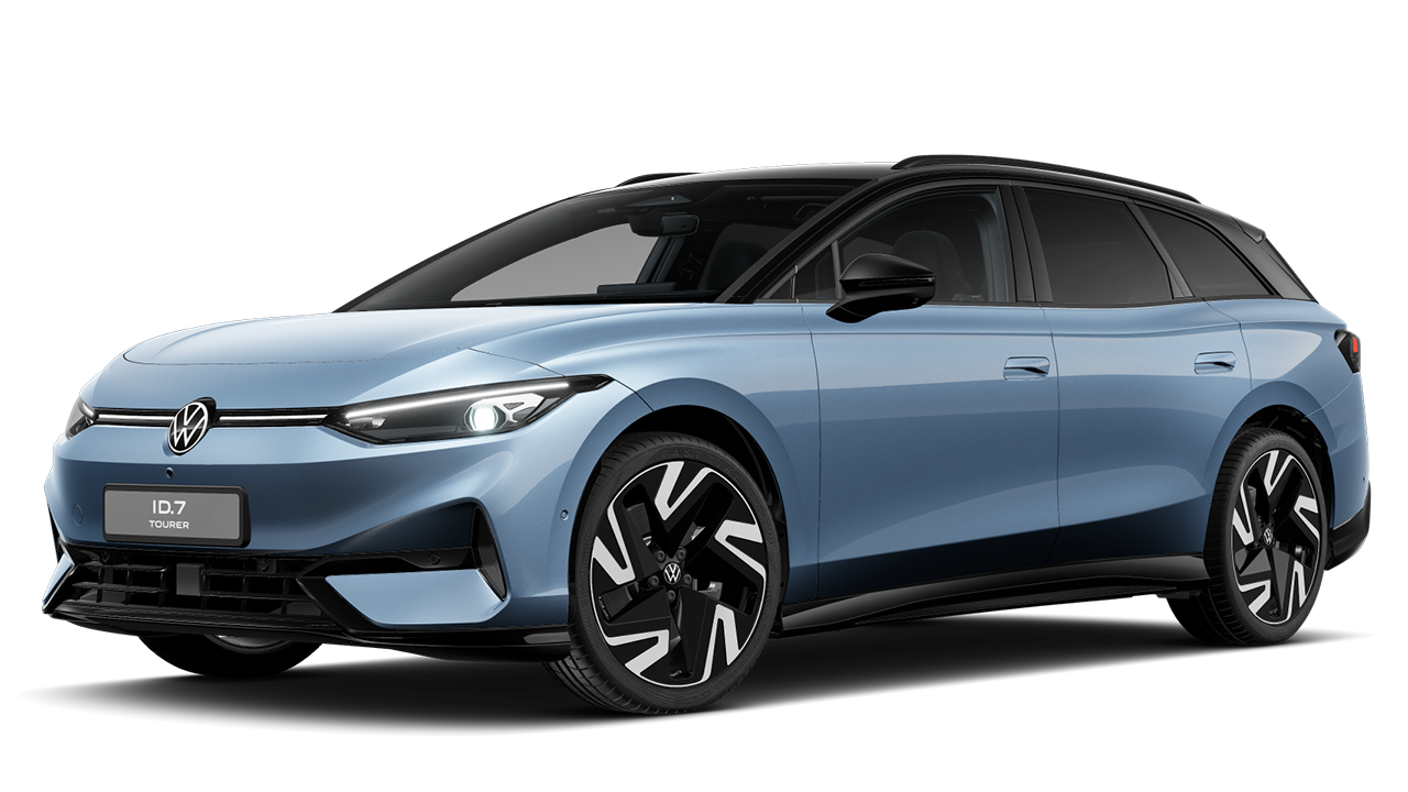 Pohľad šikmo zboku na predné partie ID.7 Tourer v modrom metalízovom odtieni Stonewashed