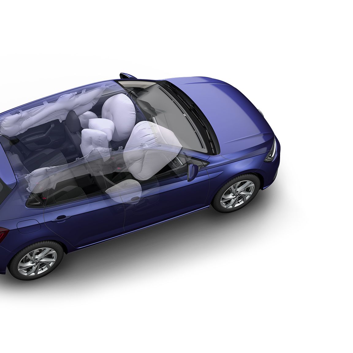 Na obrázku vidieť modré VW Polo s priehľadnou strechou a aktivovanými airbagmi.