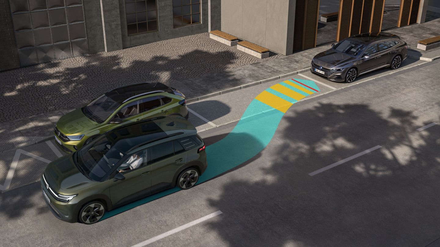 Ilustrácia ukazuje ako VW ID. Cross cúva na bočné parkovacie miesto s asistentom Park Assist Plus.