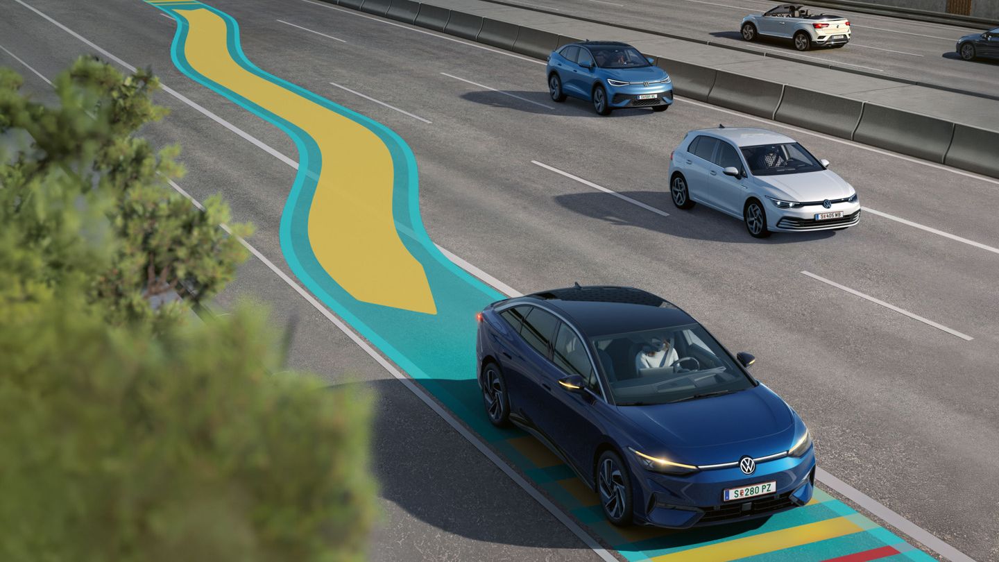 Ilustrácia schematicky ukazuje na príklade VW ID.7, ako funguje systém Emergency Assist.