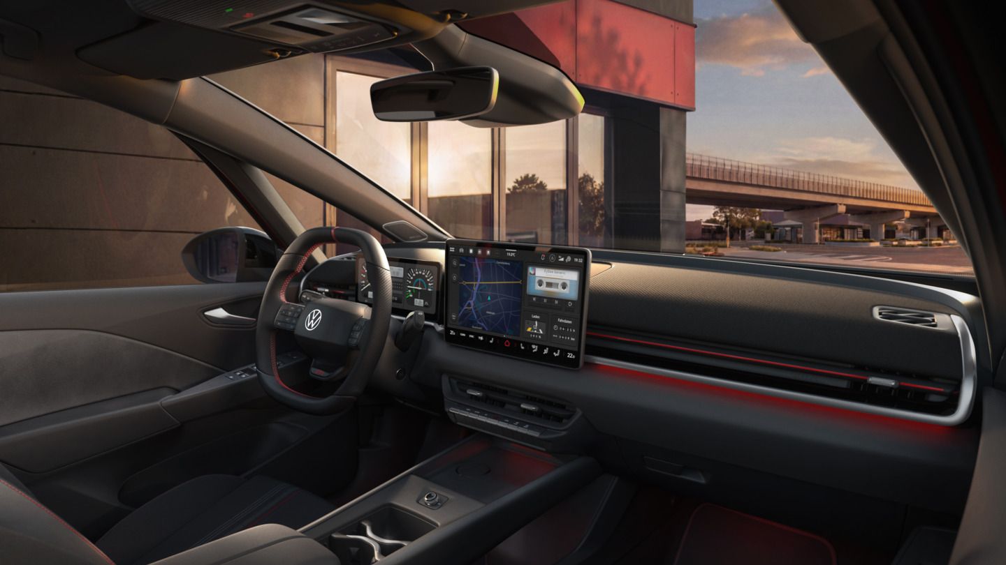 [AI-modified] – Pohľad na systém infotainment a dekór VW ID.3 GTI krátko pred západom slnka
