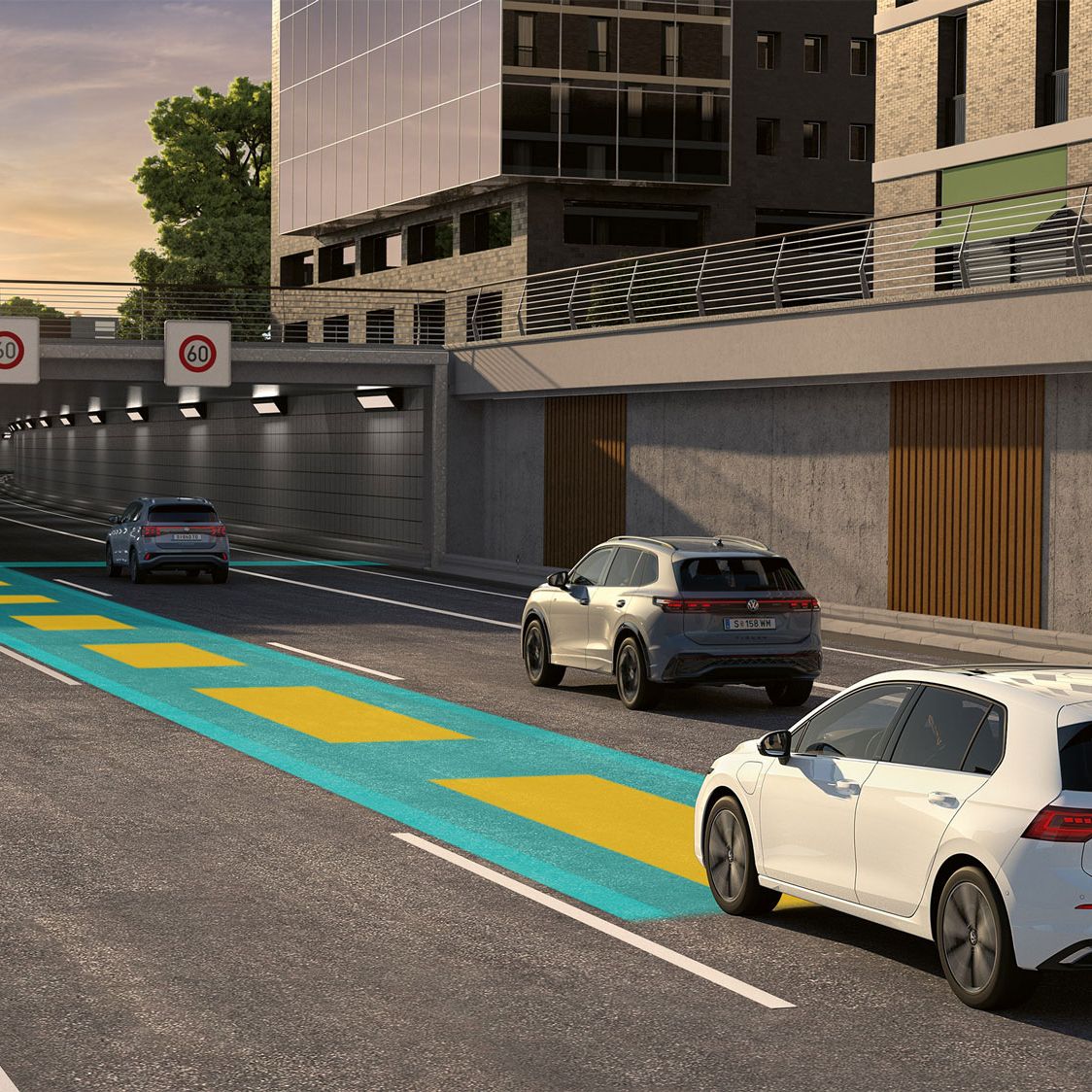 Obrázok schematicky znázorňuje funkčnosť systému Travel Assist na príklade vozidla VW Golf.