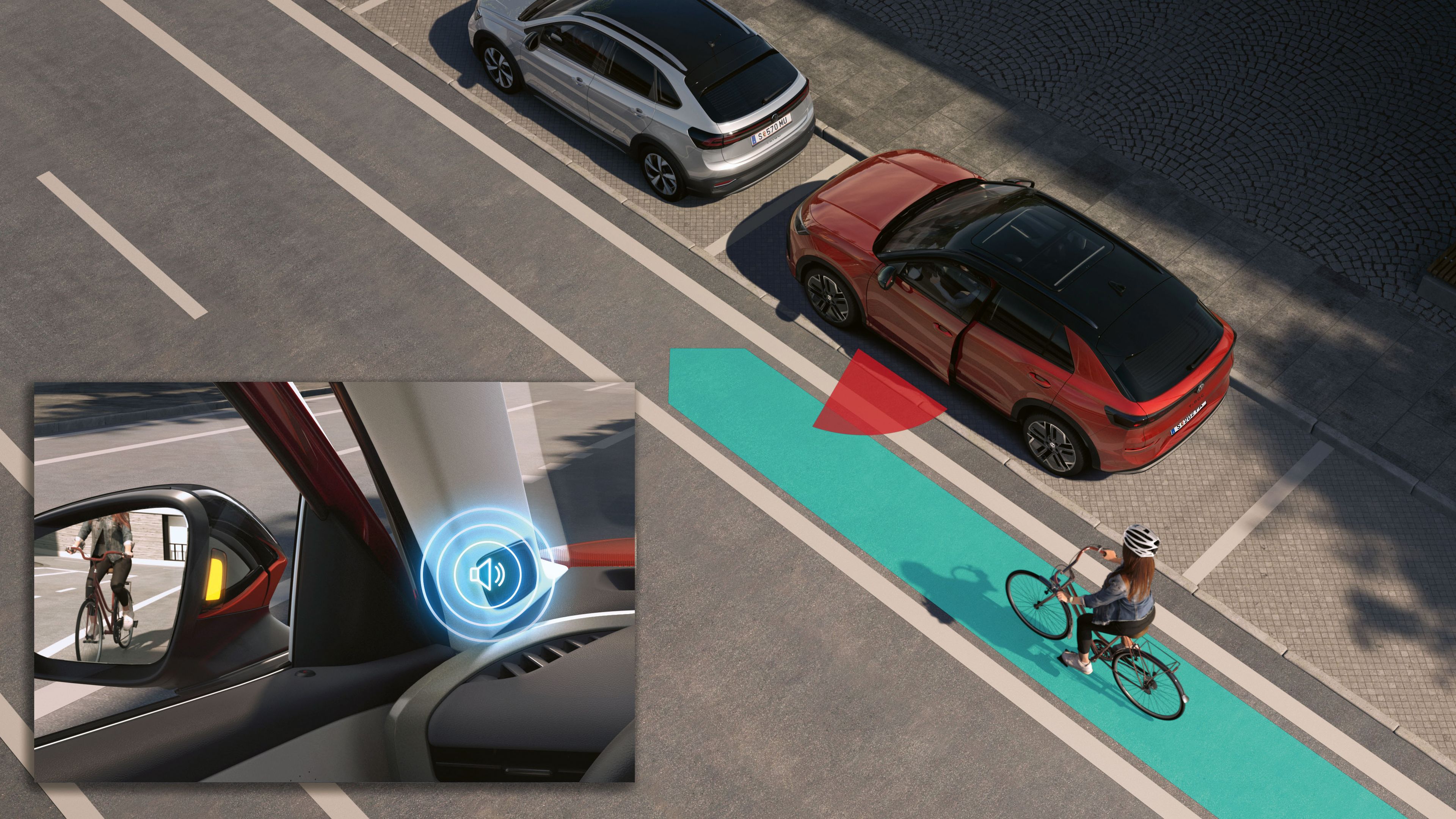 Ilustrácia schematicky znázorňuje fungovanie výstrahy pri vystupovaní na príklade vozidla VW T-Roc.