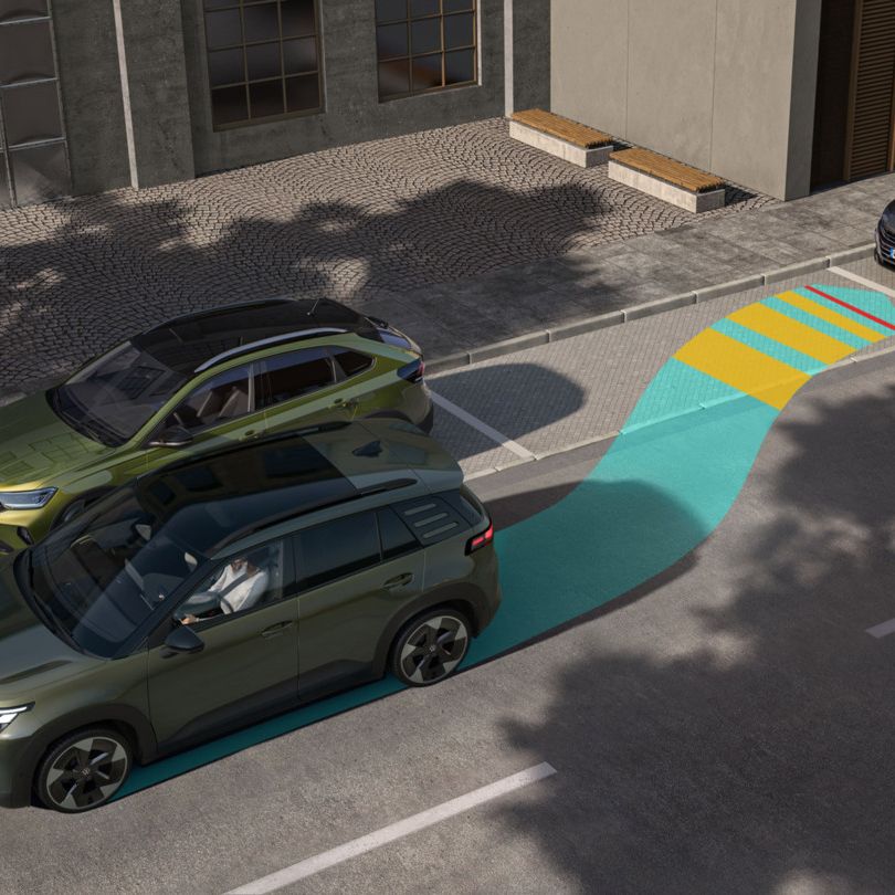 Ilustrácia ukazuje ako VW ID. Cross cúva na bočné parkovacie miesto s asistentom Park Assist Plus.